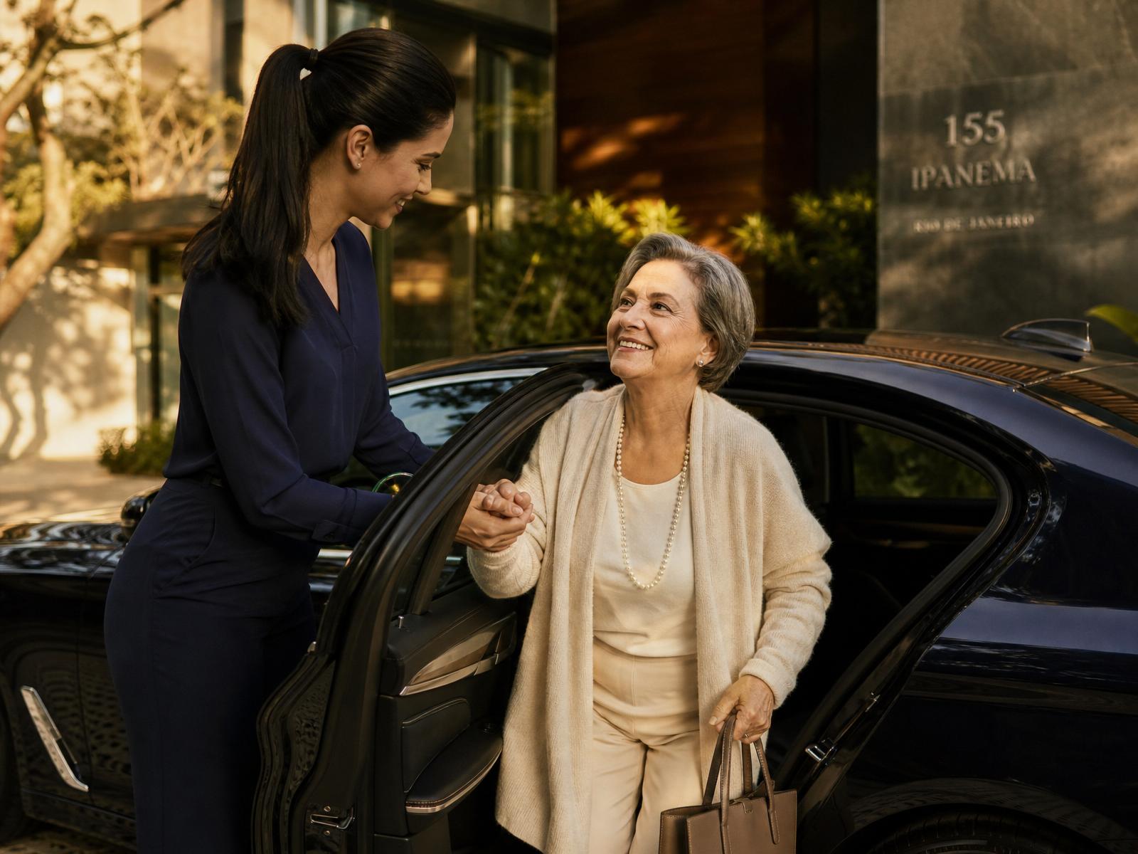 Profissional Amparo apoiando senhora elegante ao sair do carro